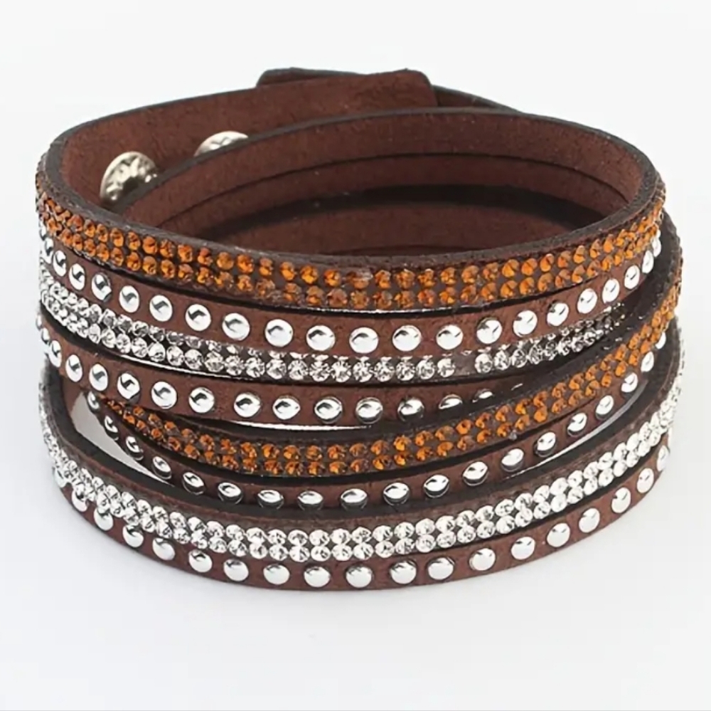 Leather Multi-strap Snap Bracelet Coffee Brown Silver Studs Rhinestones
